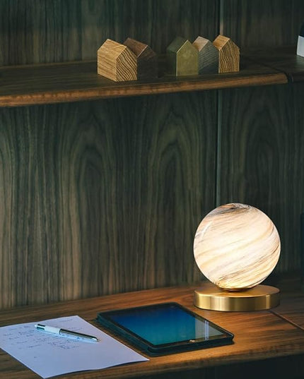 Bedside Table Lamp Gold Desk Lamp Reading Lamp with Handblown Glass Globe Shade, Plug in Table Desk Lamp for Bedroom Office Library Study Room (Moon Shade) - LeafyLoom