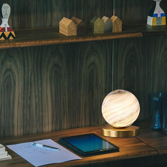 Bedside Table Lamp Gold Desk Lamp Reading Lamp with Handblown Glass Globe Shade, Plug in Table Desk Lamp for Bedroom Office Library Study Room (Moon Shade) - LeafyLoom