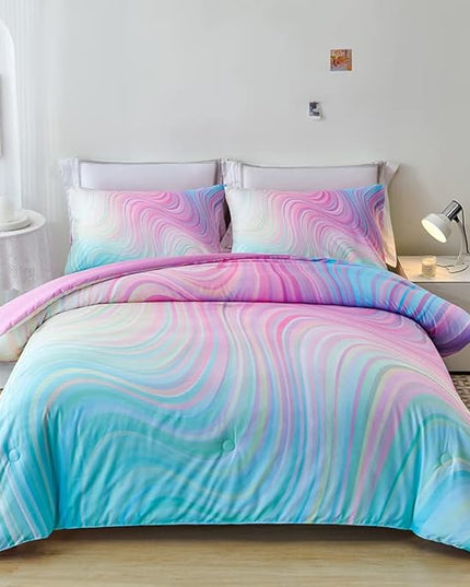Girls Pink Comforter Twin,Pink Bedding Set for Girls,Tie Dye Comforter Set,Kids Comforter Set for Girls,Blue Pink Teen Comforter Twin with 2 Pink Pillowcases,Rainbow Comforter Set - LeafyLoom