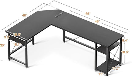 Coleshome L Shaped Computer Desk 66" with Power Outlet & Storage Shelves, Corner Sturdy Writing Desk Workstation, Modern Wooden Office Gaming Desk, Wood & Metal, Black - LeafyLoom