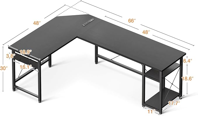 Coleshome L Shaped Computer Desk 66" with Power Outlet & Storage Shelves, Corner Sturdy Writing Desk Workstation, Modern Wooden Office Gaming Desk, Wood & Metal, Black - LeafyLoom