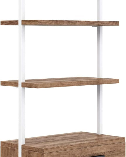 Nathan James Theo Industrial Bookshelf with Wood Drawers and Matte Steel Frame, 3-Shelf, Oak/White - LeafyLoom