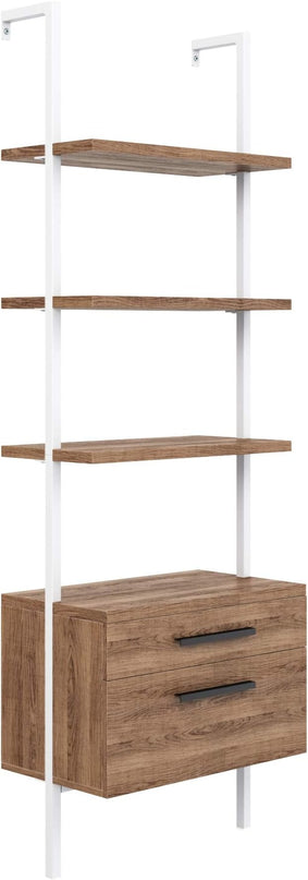 Nathan James Theo Industrial Bookshelf with Wood Drawers and Matte Steel Frame, 3-Shelf, Oak/White - LeafyLoom