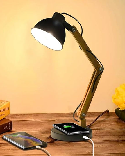 ELINKUME LED Desk Working Lamp with Charging(Wireless/USB-A/Typ-C),Wood Swing Arm Table Bedside Lamp, Black Metal Lampshade,Vintage Reading Light for Office,Study,Bedroom,Living Room(Excluding Bulb) - LeafyLoom