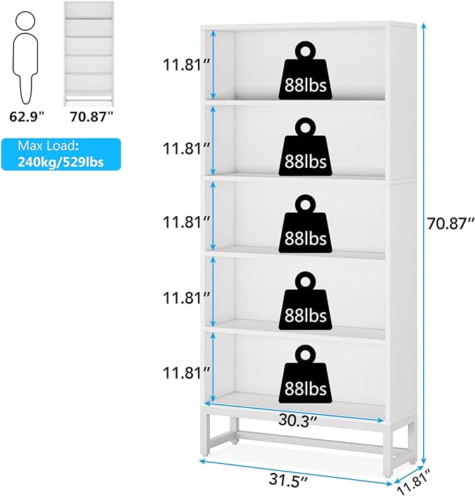 Tribesigns Tall Bookcase and Bookshelf, 70.8” Large Bookcases Organizer with 5-Tier Storage Shelves, Heavy Duty Free-Standing Library Bookshelf Shelving Unit for Living Room, Bedroom, Office (White) - LeafyLoom