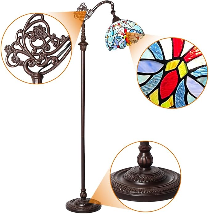 Capulina Tiffany Floor Lamp 62 Inches Height Antique Victorian Style Stained Glass Soft Light Arched Gooseneck Adjustable Angle Reading Lamp for Living Room Bedroom Home Office - LeafyLoom