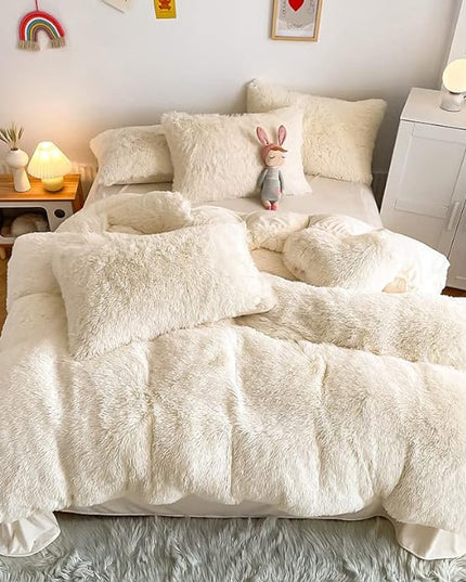 Faux Fur Kids Girls Milky White Comforter Sets King - 3PC Bed Set Warm Comfortable Soft Plush Flannel Velvet Fluffy Fuzzy Bedding（Comforter x 1 Pillowcases x 2） - LeafyLoom