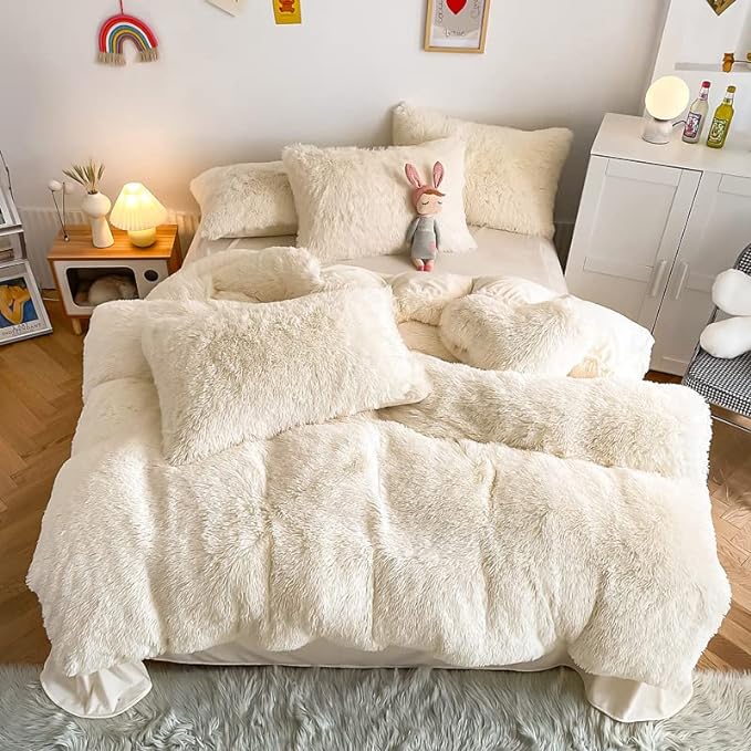 Faux Fur Kids Girls Milky White Comforter Sets King - 3PC Bed Set Warm Comfortable Soft Plush Flannel Velvet Fluffy Fuzzy Bedding（Comforter x 1 Pillowcases x 2） - LeafyLoom