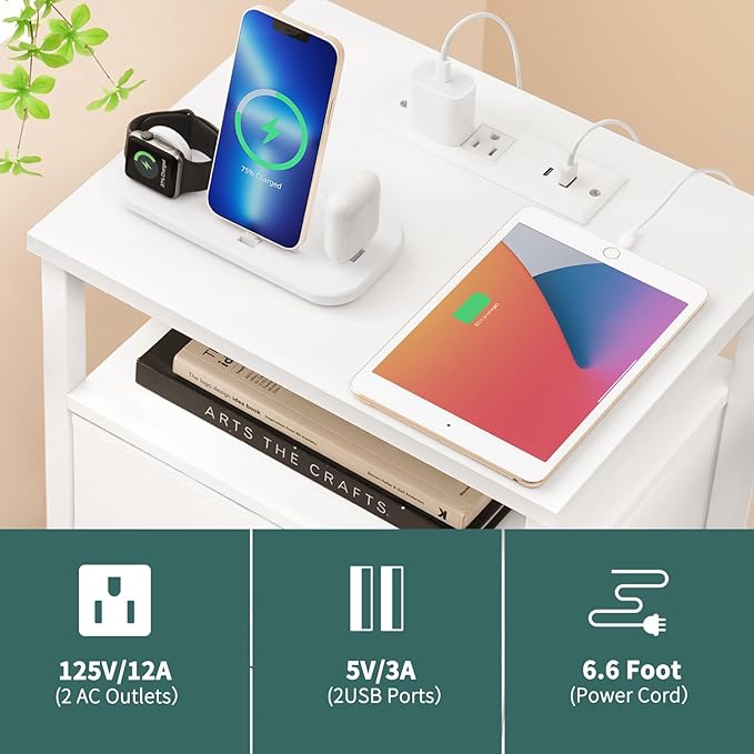 Yoobure Night Stand with Charging Station, 16 Colors LED Nightstand with USB Ports and Outlets, End Table with 3 Fabric Drawers and Storage Shelf, Bedside Tables Small Dresser for Small Space White - LeafyLoom