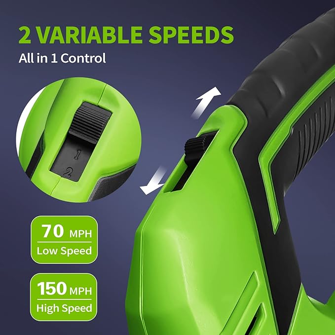 SEYVUM Leaf Blower, 20V Cordless Leaf Blower with 2 Pcs Battery, Electric Leaf Blower for Lawn Care, 320CFM 150MPH Battery Powered Leaf Blower, for Patio, Garden Cleaning, Fast Charger Included, Green - LeafyLoom