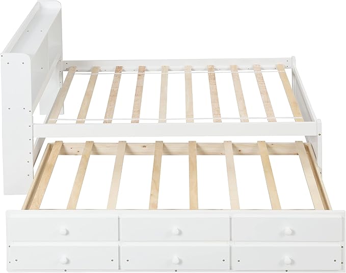 Platform Bed Twin Size with Bookcase Headboard, Trundle and 3 Drawers, Wooden Storage Bedframe for Kids Teens Adults Bedroom - LeafyLoom