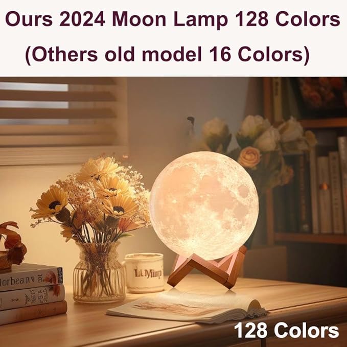 CPLA 6.1 inch Moon Lamp 2024 Upgrade 128 Colors Room Decor Home Decor- 3D Printing Moon Night Light for Kids Adults- Gifts for Girls Boys Men Women Birthday- Wooden Stand & Remote/Touch Control - LeafyLoom