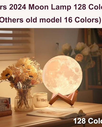 CPLA Moon Lamp 2024 Upgrade 6inch 128 Colors, Kids Room Decor Home Decor- 3D Printing Moon Night Light for Kids Adults- Gifts for Girls Boys Men Women Birthday- Wooden Stand & Remote/Touch Control - LeafyLoom