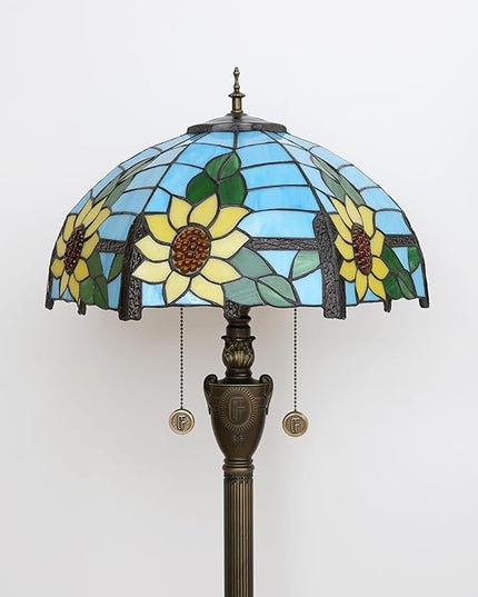 Tiffany Floor Lamp Blue Yellow Sunflowers Stained Glass lamps for Living Room Bedroom Office Lighting Rustic Corner Deco Standing Tall Vintage Kids Aesthetic Mediterranean Style Lamp - LeafyLoom