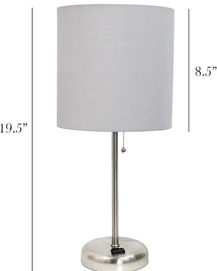 Simple Designs LT1144-GRY Sleek and Slender Brushed Steel Table Lamp with Charging Outlet, for Bedroom, Living Room, Entryway, Office, Dining Room, Study, Gray Shade - LeafyLoom