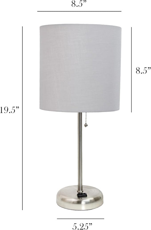 Simple Designs LT1144-GRY Sleek and Slender Brushed Steel Table Lamp with Charging Outlet, for Bedroom, Living Room, Entryway, Office, Dining Room, Study, Gray Shade - LeafyLoom