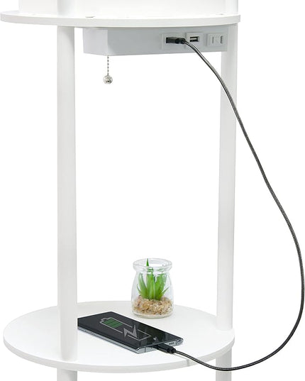 Simple Designs 62.5" LF2010-WHT Round Modern Shelf Etagere Organizer Storage Floor Lamp with 2 USB Charging Ports, 1 Charging Outlet and Linen Shade for Living Room Bedroom Office, White - LeafyLoom