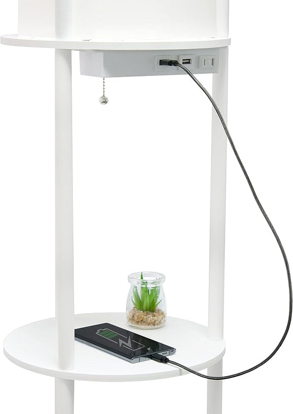 Simple Designs 62.5" LF2010-WHT Round Modern Shelf Etagere Organizer Storage Floor Lamp with 2 USB Charging Ports, 1 Charging Outlet and Linen Shade for Living Room Bedroom Office, White - LeafyLoom
