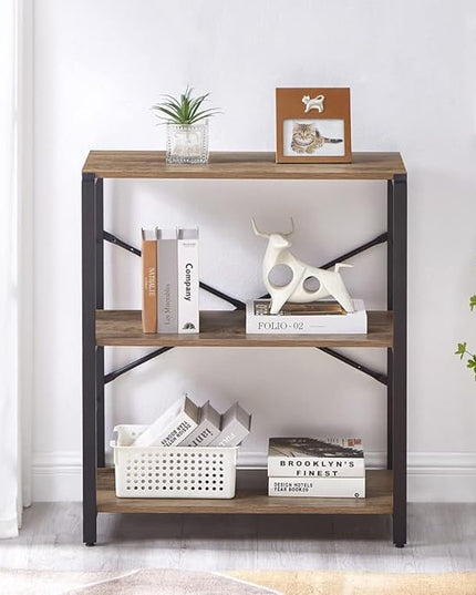 FOLUBAN Small Bookshelf, 3 Tier Open Book Shelf, Rustic Wood and Metal Shelving Unit for Small Space, Oak - LeafyLoom