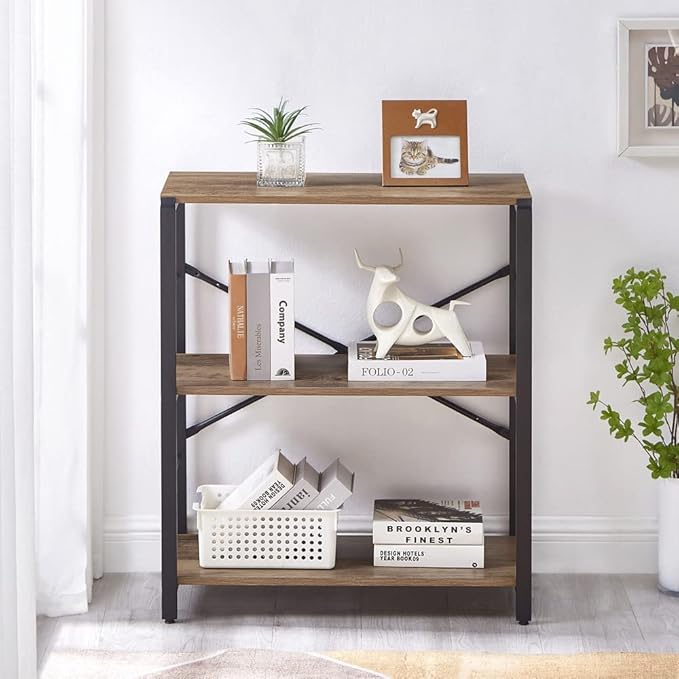 FOLUBAN Small Bookshelf, 3 Tier Open Book Shelf, Rustic Wood and Metal Shelving Unit for Small Space, Oak - LeafyLoom