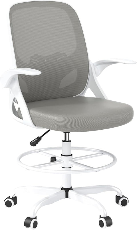 Drafting Chair Tall Office Chair for Standing Desk Adjustable Tall Desk Chair with Footrest Ring and Lumbar Support Ergonomic Computer Chair with Flip-up Armrests (Grey) - LeafyLoom