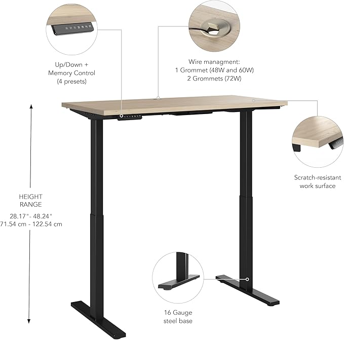Bush Business Furniture Move 60 Series 48W x 24D Electric in Natural Elm with Black Base, Ergonomic Sit-Stand Computer Table for Home and Professional Office - LeafyLoom