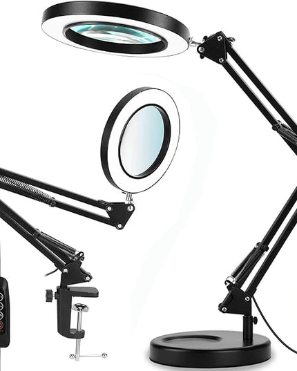 Magnifying Glass with Light and Stand, 10X Magnifying Lamp, 2-in-1 Desk Lamp with Clamp,3 Color Modes & Stepless Dimmable, LED Lighted Magnifier for Reading, Crafts, Repair Work (Black) - LeafyLoom