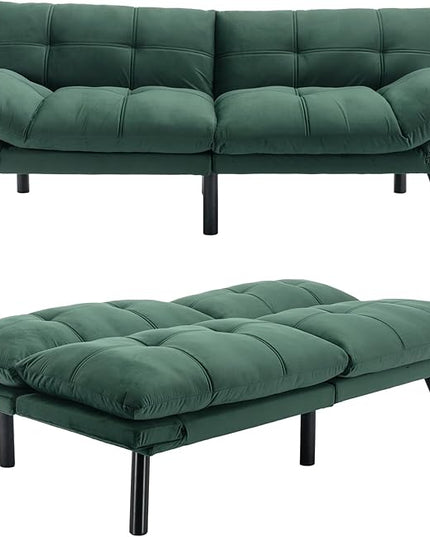 Velvet Convertible Futon Sofa Bed, 71" Comfy Loveseat Sleeper Sofa with Adjustable Backrest Armrest, Strengthen Wood, 7" Thick Padded Cushion, Small 2 Seater Couch for Living Room, Bedroom - LeafyLoom