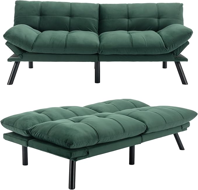 Velvet Convertible Futon Sofa Bed, 71" Comfy Loveseat Sleeper Sofa with Adjustable Backrest Armrest, Strengthen Wood, 7" Thick Padded Cushion, Small 2 Seater Couch for Living Room, Bedroom - LeafyLoom