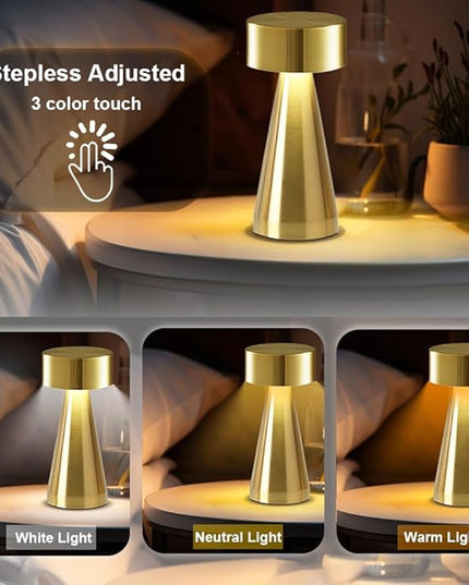 Portable Metal Desk Lamp, Cordless LED Table Lamp,3 Color Touch Control Rechargeable Lamp,3-Levels Brightness Room Decor Desk Lamp,Bedside Lamp,Night Light, Dining Room Lamp (Gold) - LeafyLoom