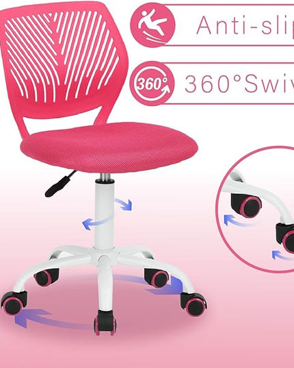 FurnitureR Teens Girls Task Chair 360 Swivel, Low Mid PP Mesh Back Fabric Seat, Height Adjustable, Rolling Castor, W15.7inces x D15.2inces x H29.5-34.2inches (Pink) - LeafyLoom