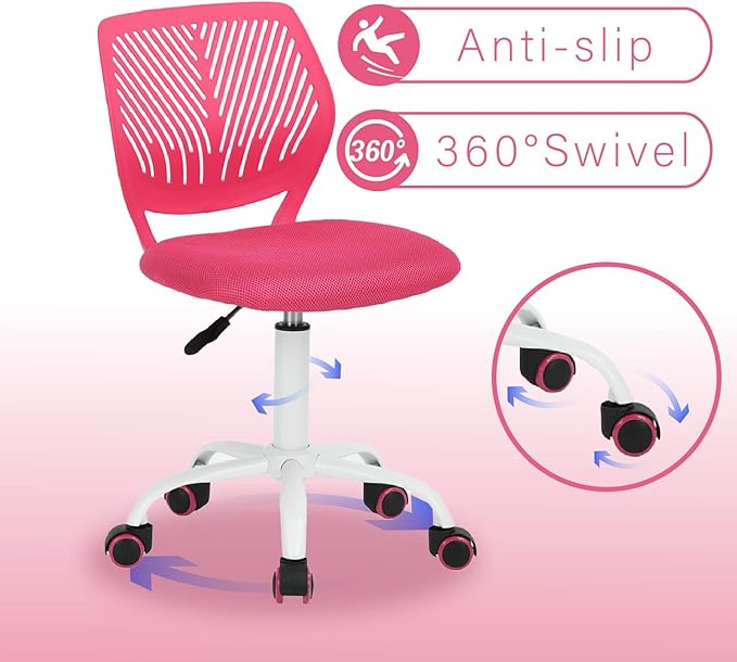 FurnitureR Teens Girls Task Chair 360 Swivel, Low Mid PP Mesh Back Fabric Seat, Height Adjustable, Rolling Castor, W15.7inces x D15.2inces x H29.5-34.2inches (Pink) - LeafyLoom