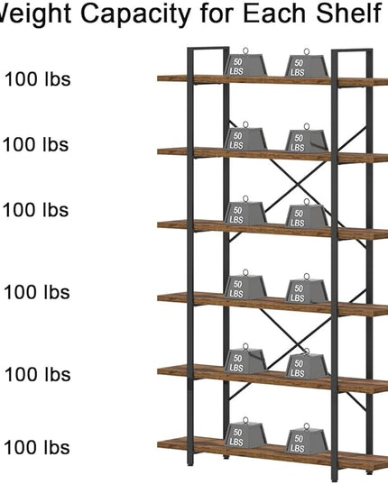 HSH 6 Shelf Tall Bookcase, Industrial Modern Large 6 Tier Bookshelf, Open Wood and Metal Display & Storage Rack,Farmhouse Bookcases and Book Shelves 6 Shelf for Bedroom Living Room Office,Rustic Brown - LeafyLoom