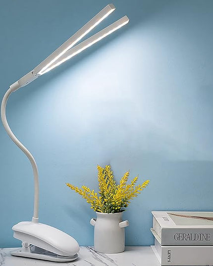 Dual Head LED Desk Lamp with Clamp, Eye-Caring Clip on Lights for Home Office, 3500mAh Rechargeable Battery Operated Table Lamps,3 Lighting Modes & Brightness Dimmer Light for Kids Students - LeafyLoom
