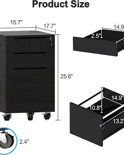 ChooChoo High Glossy File Cabinet with Lock,3 Drawer Rolling Filing Cabinet Fits Legal Size/A4/Letter, Under Desk File Cabinet with Hook for Home Office, Black - LeafyLoom