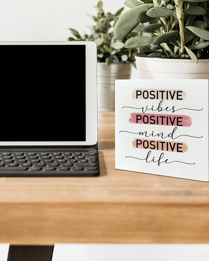 Home Office Desk Wooden Box Sign Decor, Positive Vibes Mind Life, Inspirational Quotes Desk Decor Motivational Desk Decorations for Women Girls Teens Student Office Classroom School - LeafyLoom