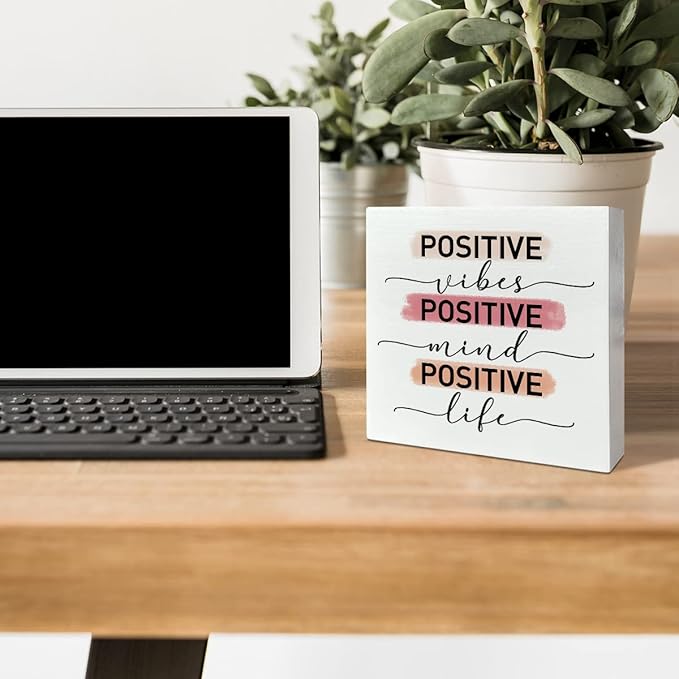 Home Office Desk Wooden Box Sign Decor, Positive Vibes Mind Life, Inspirational Quotes Desk Decor Motivational Desk Decorations for Women Girls Teens Student Office Classroom School - LeafyLoom