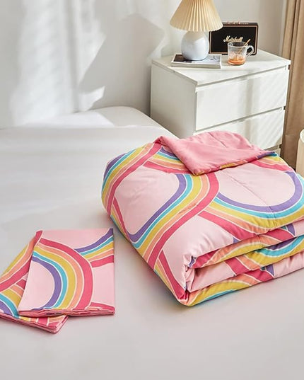 Feelyou Rainbow Glow in The Dark Comforter Set for Girls Kids Full Pink Rainbow Bedding Set Super Soft Colorful Stripe Mermaid Scales Comforter Baby Girl Bedroom Pink Decor Bedding Quilted Duvet - LeafyLoom