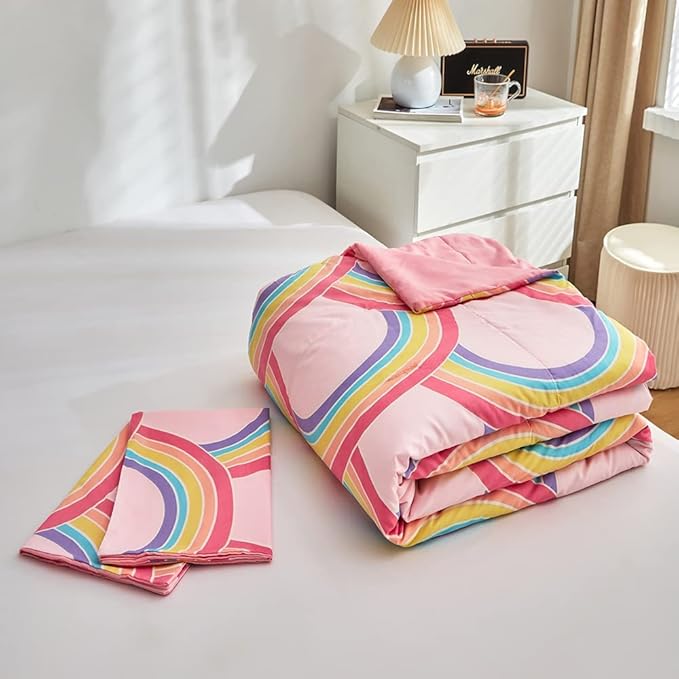 Feelyou Rainbow Glow in The Dark Comforter Set for Girls Kids Queen Pink Rainbow Bedding Set Super Soft Colorful Stripe Mermaid Scales Comforter Baby Girl Bedroom Pink Decor Bedding Quilted Duvet - LeafyLoom