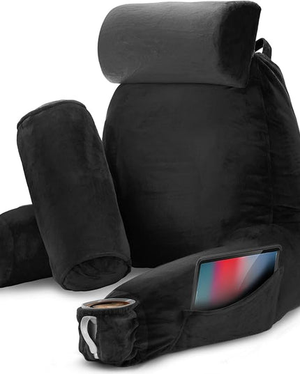Nestl Reading Pillow with Portable Laptop Lap Desk, Velvet Feel Back Pillow for Sitting in Bed, Shredded Memory Foam Back Support Pillow for Bed, Bed Rest Pillow with Arms, Large - Black - LeafyLoom