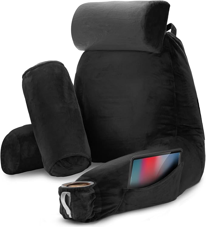 Nestl Reading Pillow with Portable Laptop Lap Desk, Velvet Feel Back Pillow for Sitting in Bed, Shredded Memory Foam Back Support Pillow for Bed, Bed Rest Pillow with Arms, Large - Black - LeafyLoom