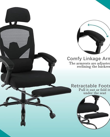 edx Ergonomic Office Chair, Reclining High Back Mesh Computer Desk Swivel Rolling Home Task Chair with Lumbar Support Pillow, Adjustable Headrest, Retractable Footrest and Padded Armrests, Black - LeafyLoom