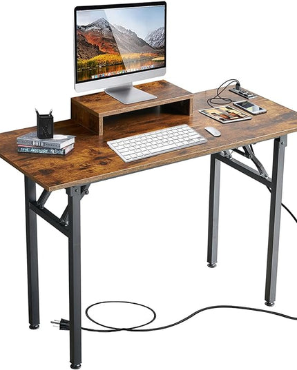 TEMI Computer Desk with Power Outlet and Monitor Shelf Included 43.3" Length Folding Table, Office Desk for Home, No Assembly Desk with Stable Black Frame, Rustic Brown - LeafyLoom