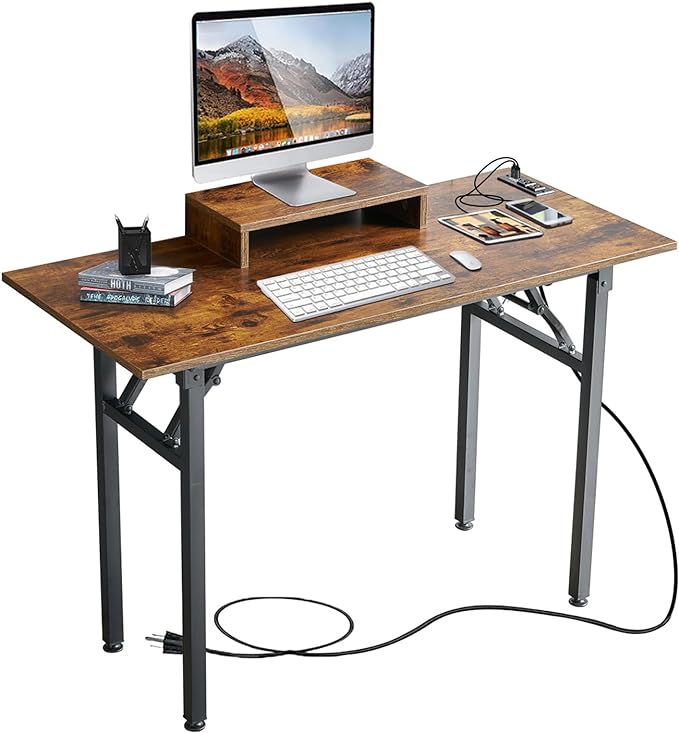 TEMI Computer Desk with Power Outlet and Monitor Shelf Included 43.3" Length Folding Table, Office Desk for Home, No Assembly Desk with Stable Black Frame, Rustic Brown - LeafyLoom