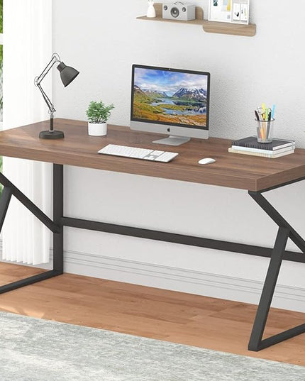 HSH Large Computer Desk, Industrial Modern Home Office Desk, Wooden and Metal PC Desk for Work Writing Study Gaming Bedroom, Farmhouse Vintage Computer Table Executive Workstation, Rustic Oak 60 Inch - LeafyLoom