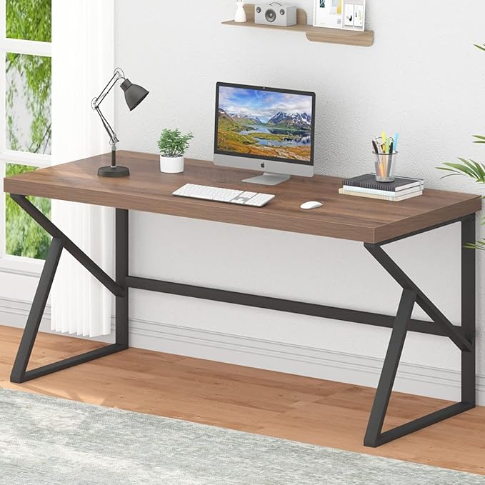 HSH Large Computer Desk, Industrial Modern Home Office Desk, Wooden and Metal PC Desk for Work Writing Study Gaming Bedroom, Farmhouse Vintage Computer Table Executive Workstation, Rustic Oak 60 Inch - LeafyLoom