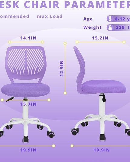 FurnitureR Teens Girls Task Chair 360 Swivel, Low Mid PP Mesh Back Fabric Seat, Height Adjustable, Rolling Castor, W15.7inces x D15.2inces x H29.5-34.2inches (Purple) - LeafyLoom
