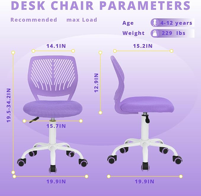 FurnitureR Teens Girls Task Chair 360 Swivel, Low Mid PP Mesh Back Fabric Seat, Height Adjustable, Rolling Castor, W15.7inces x D15.2inces x H29.5-34.2inches (Purple) - LeafyLoom
