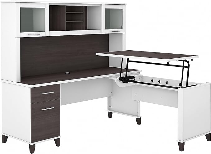Bush Furniture Somerset 72W 3 Position Sit to Stand L Shaped Desk with Hutch in White and Storm Gray - LeafyLoom