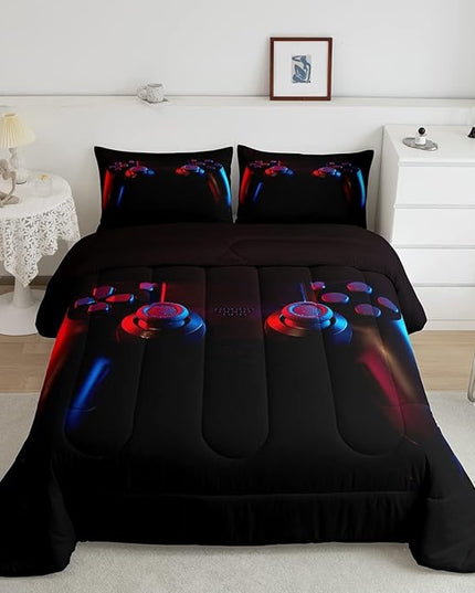 Erosebridal Gaming Bedding Set Gamer Comforter Set Kids Teens Boys Girls Gamepad Quilt Duvet Set Video Game Controller Pattern,Modern Decor 3 Pcs Down Comforter with 2 Pillow Shams, King Size, Black - LeafyLoom